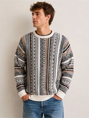 Hollister Mens Large NWT Textured Crewneck Sweater Geometric Striped Pullover